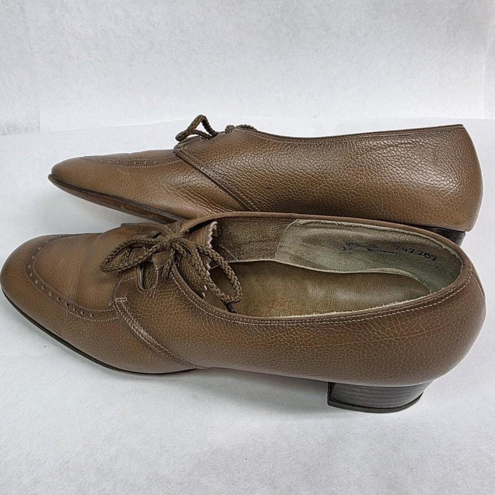 Womens Brown Leather Oxford Pumps Footsaver Shoes Lace Up Tan Heels 8.5, 1960s